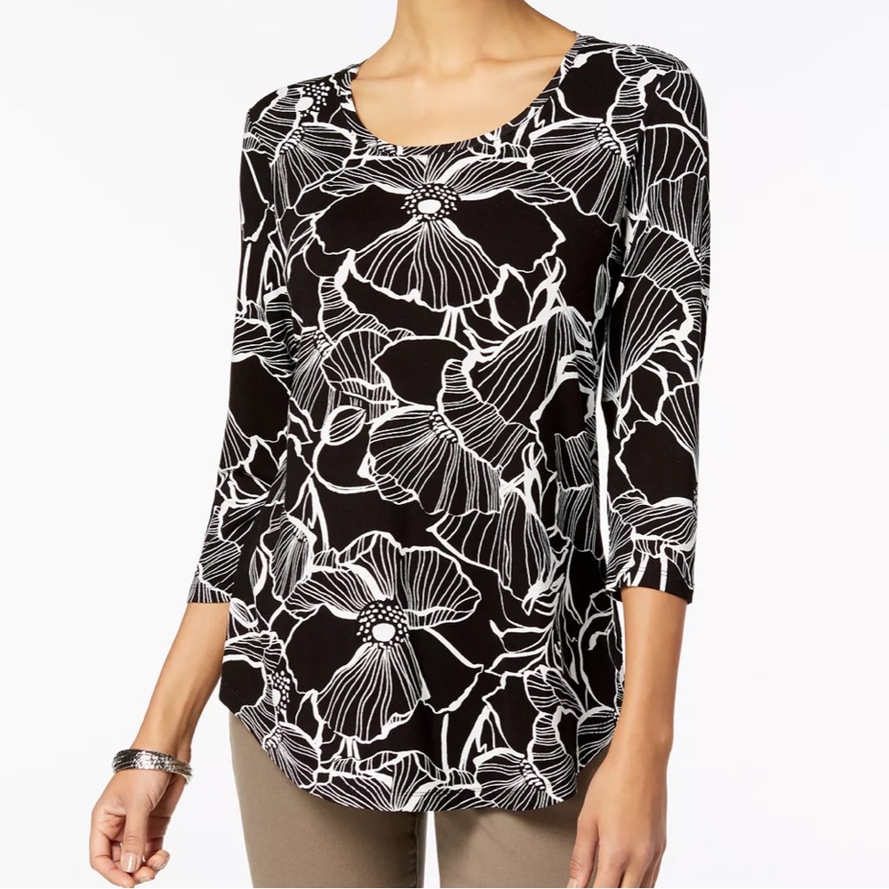 JM Collection 3/4 Sleeve Floral Top P/L NWT Black & White